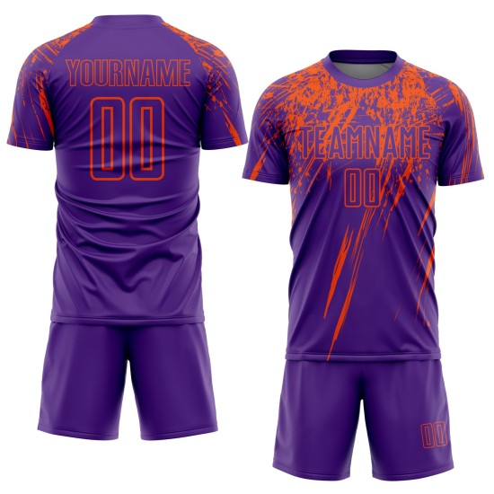 Benutzerdefiniertes lila-orangefarbenes Sublimations-Fußballtrikot Benutzerdefiniertes lila-orangefarbenes Sublimations-Fußballtrikot