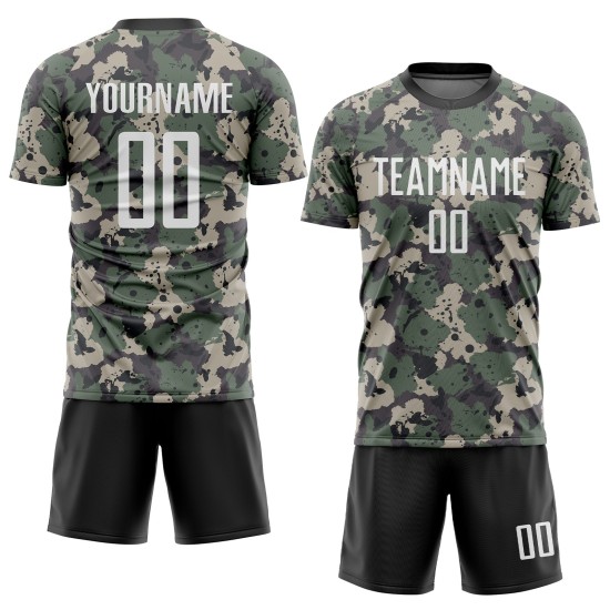 Benutzerdefinierte Camo Weiß-Schwarz Sublimation Salut an den Dienst Fußball Uniform Trikot Benutzerdefinierte Camo Weiß-Schwarz Sublimation Salut an den Dienst Fußball Uniform Trikot