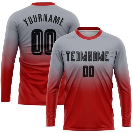 Benutzerdefinierte grau schwarz-rot Sublimation Langarm Fade Fashion Fußball Uniform Jersey Benutzerdefinierte grau schwarz-rot Sublimation Langarm Fade Fashion Fußball Uniform Jersey