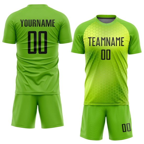 Benutzerdefiniertes neongrünes und schwarzes Sublimations-Fußballtrikot Benutzerdefiniertes neongrünes und schwarzes Sublimations-Fußballtrikot