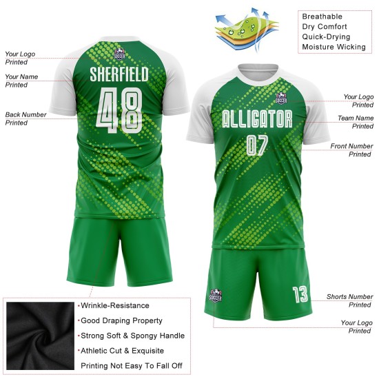 Benutzerdefiniertes Neongrün-Weiß-Kelly-Grün-Sublimations-Fußballtrikot Benutzerdefiniertes Neongrün-Weiß-Kelly-Grün-Sublimations-Fußballtrikot