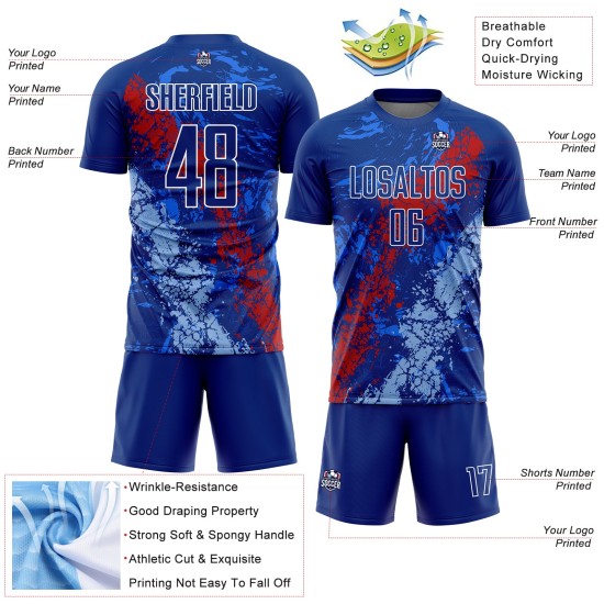 Benutzerdefinierte Royal Rot-Hellblau Dripping Splatter Kunst Sublimation Fußball Uniform Jersey Benutzerdefinierte Royal Rot-Hellblau Dripping Splatter Kunst Sublimation Fußball Uniform Jersey
