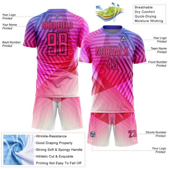 Benutzerdefinierte Lila Rosa-Schwarz Geometrische Formen Sublimation Fußball Uniform Trikot Benutzerdefinierte Lila Rosa-Schwarz Geometrische Formen Sublimation Fußball Uniform Trikot