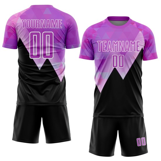 Benutzerdefinierte Lila Schwarz-Weiß Geometrische Muster Sublimation Fußball Uniform Trikot Benutzerdefinierte Lila Schwarz-Weiß Geometrische Muster Sublimation Fußball Uniform Trikot