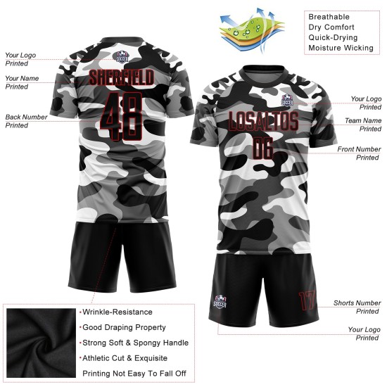 Benutzerdefinierte Camo Schwarz-Rot Sublimation Salute To Service Fußball Uniform Trikot Benutzerdefinierte Camo Schwarz-Rot Sublimation Salute To Service Fußball Uniform Trikot