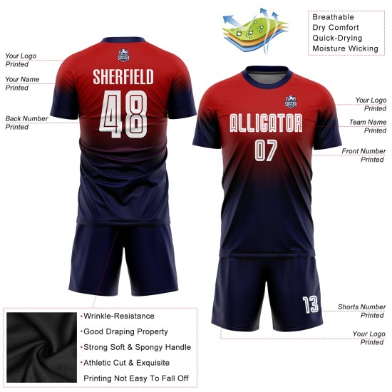 Benutzerdefinierte rot weiß-marine Sublimation verblassen Mode Fußball Uniform Trikot