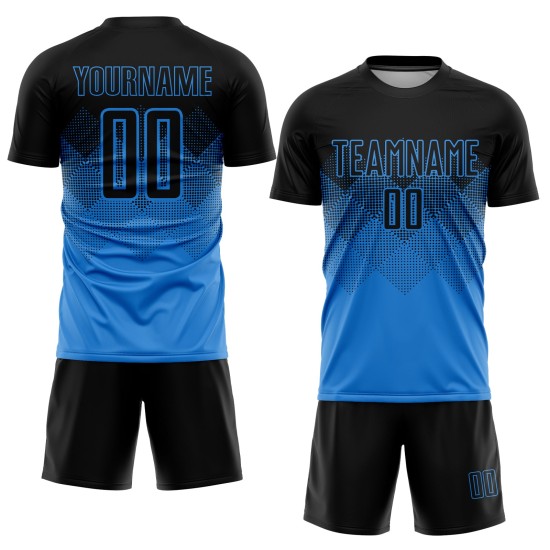 Benutzerdefiniertes puderblau-schwarzes Sublimations-Fußballtrikot Benutzerdefiniertes puderblau-schwarzes Sublimations-Fußballtrikot