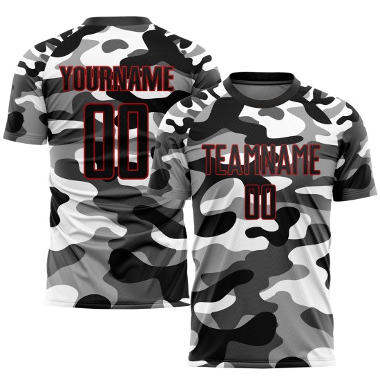 Benutzerdefinierte Camo Schwarz-Rot Sublimation Salute To Service Fußball Uniform Trikot Benutzerdefinierte Camo Schwarz-Rot Sublimation Salute To Service Fußball Uniform Trikot