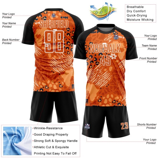 Benutzerdefiniertes Orange Bay Orange-Schwarzes Fußballtrikot mit afrikanischem Muster Benutzerdefiniertes Orange Bay Orange-Schwarzes Fußballtrikot mit afrikanischem Muster