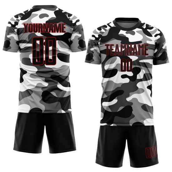 Benutzerdefinierte Camo Schwarz-Rot Sublimation Salute To Service Fußball Uniform Trikot Benutzerdefinierte Camo Schwarz-Rot Sublimation Salute To Service Fußball Uniform Trikot