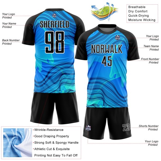 Benutzerdefinierte Himmelblau Schwarz-Weiß Wellen Sublimation Fußball Uniform Jersey Benutzerdefinierte Himmelblau Schwarz-Weiß Wellen Sublimation Fußball Uniform Jersey