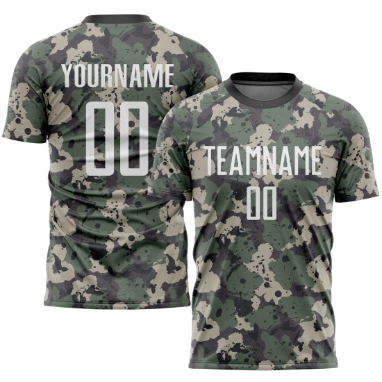 Benutzerdefinierte Camo Weiß-Schwarz Sublimation Salut an den Dienst Fußball Uniform Trikot Benutzerdefinierte Camo Weiß-Schwarz Sublimation Salut an den Dienst Fußball Uniform Trikot